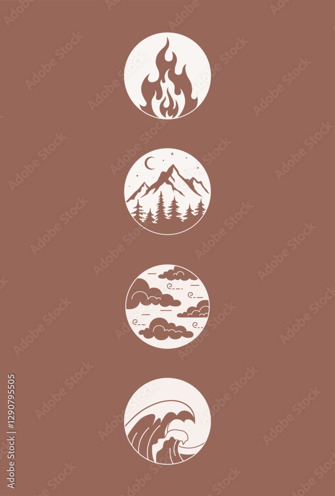 Wall mural four elements minimalistic design. boho style posters with symbo of natural elements. esoteri design