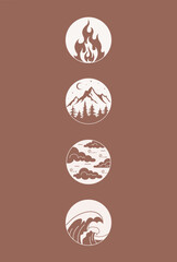 Four elements minimalistic design. Boho style posters with symbo of natural elements. Esoteri design, alchemy sign.
