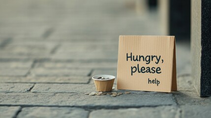 Sign on pavement highlights urgent plea for assistance, emphasiz