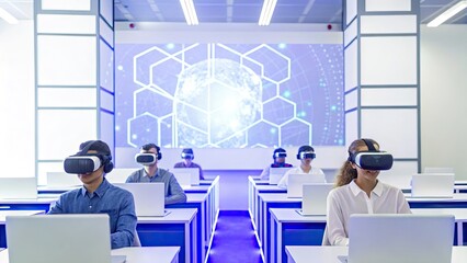 Virtual Reality Entertainment Education Concept Students using virtual reality headsets in a modern classroom setting.