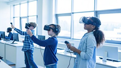 Virtual Reality Entertainment Education Concept Children engaged in virtual reality experience in a modern classroom setting.