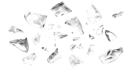 Scattered ice shards on a pure white background, detailed and realistic, with light reflections creating a frosty effect.