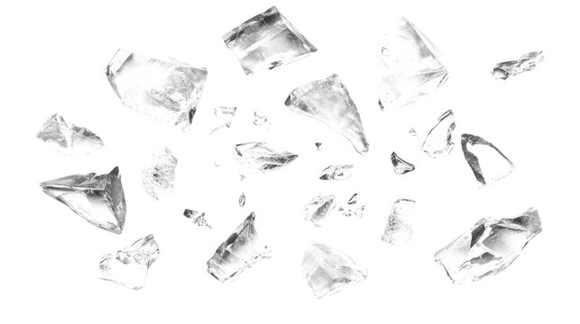 Scattered ice shards on a pure white background, detailed and realistic, with light reflections creating a frosty effect.