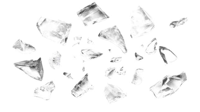 Scattered ice shards on a pure white background, detailed and realistic, with light reflections creating a frosty effect.