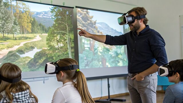 Virtual Reality Entertainment Education Concept A teacher guides students using virtual reality technology in a classroom setting.