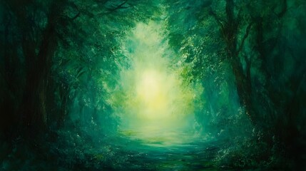 Obraz premium Enchanted Emerald Forest Pathway - Surreal Oil Painting of Mystical Fantasy Landscape
