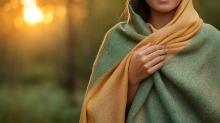 A woman wrapped in a warm shawl stands outdoors as the sun sets, reflecting serenity and comfort, with soft golden hues illuminating her figure and the surrounding nature.