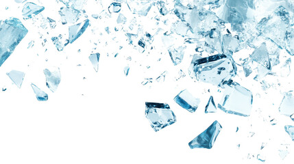Scattered ice shards on a pure white background, detailed and realistic, with light reflections creating a frosty effect.