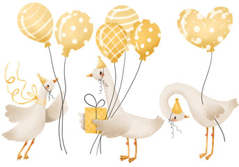 Birthday yellow party with funny geese collection. Fnny set with goos, goose gift box, birthday caps, air balloons. Hand draw cartoon cute duck in infant style. For print, stickers, textiles, clothing © Ilona