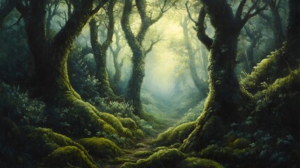 Mystical Fairytale-Like Forest with Luminous Light Filtering Through Moss-Covered Trees