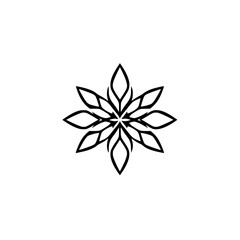 Black and white botanical pattern of a symmetrically designed flower.