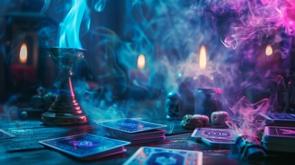Obraz premium A close-up view of tarot cards with elegant golden etchings, resting on a dimly lit wooden table