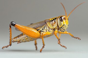 Close-up of a vibrant yellow grasshopper, showcasing intricate details of its legs and body.