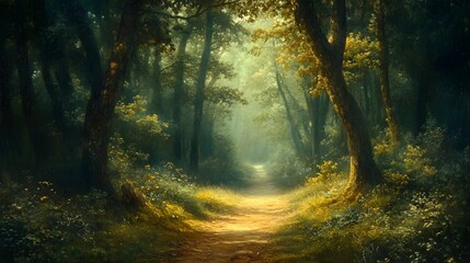 Enchanting Woodland Path in Classical Oil Painting Style with Whimsical Lighting and Fairytale