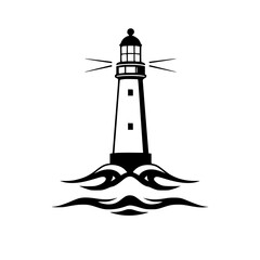 Lighthouse: A black and white illustration of a lighthouse with tribal wave patterns.