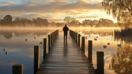 Obraz premium Man on Dock, Sunrise, Misty Lake