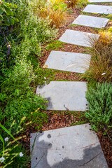 Detail of garden path with stone slabs with bark mulch and native plants. Landscaping and gardening concept