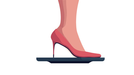Close-up illustration of a woman's legs wearing coral-pink high-heeled shoes positioned on a dark-colored rectangular platform against a white background. The illustration style is minimalist and