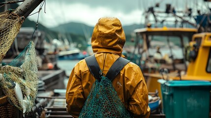 Obraz premium Fisherman working on fishing boat in harbor carrying fishing net
