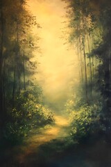 Obraz premium Enchanted Misty Forest Pathway Illuminated by Warm Golden Light