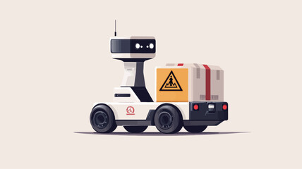 The image shows a stylized illustration of a small, white autonomous delivery robot.  The robot has a boxy design with black accents, and a small antenna on top.  It carries a yellow package with a