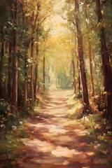 Fototapeta premium Enchanted Woodland Trail in Autumnal Impressionist Painting