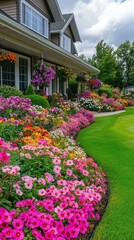 Fototapeta premium Vibrant Flower Garden Enhances the Charm of a Beautiful Home During Springtime