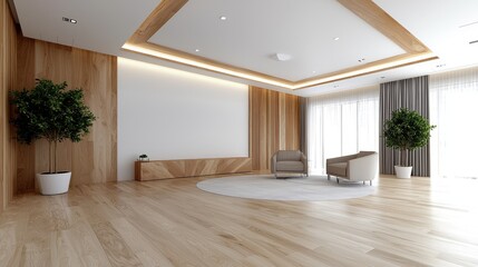 Obraz premium Modern living room interior design, wood accents, natural light
