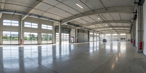 Spacious Concrete Warehouse Interior Design - Panoramic View of Clean and Modern Garage Space with 3D Rendering Elements