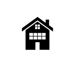 Black silhouette of a house on a white background with windows, door, and chimney.