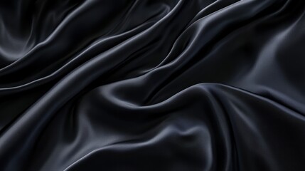 Fototapeta premium Black satin fabric texture, smooth and luxurious, elegant drapery background, close-up of silky layers, ideal for design and fashion projects.