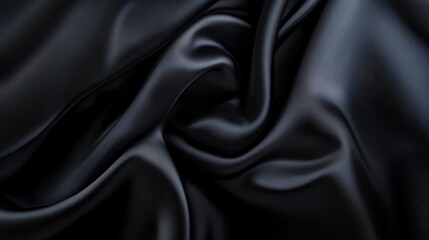 Obraz premium Black satin fabric texture close-up, smooth and luxurious drape, ideal for fashion backgrounds and elegant design projects, soft sheen and rich color.
