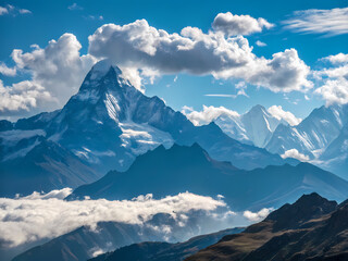 Majestic mountain range with blanket of clouds casting shadows across peaks, creating sense of awe and wonder in viewer