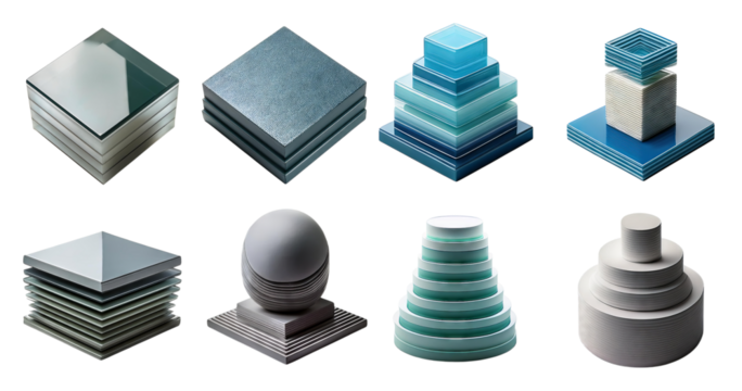 Modern Geometric Shapes in Various Textures and Colors on Display, isolated on transparent background