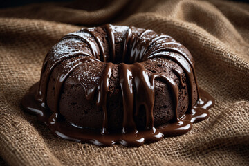 Chocolate lava cake on rough burlap with flowing chocolate and soft shadows for a vintage elegant look