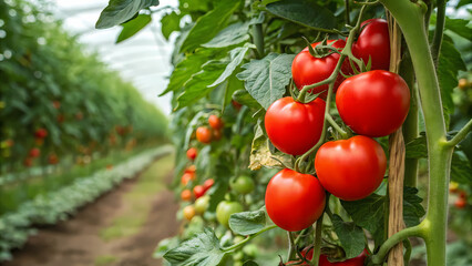 Ripe red tomatoes hang heavy on vine, basking in greenhouse warmth, promising delicious harvest and vibrant flavors