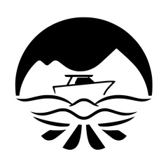 Boat-Shaped Silhouette - Black and White Landscape View with Boat, Mountains, and Waves.