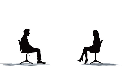The image shows two silhouettes, a man and a woman, seated in office chairs facing each other.  The figures are rendered in solid black against a white background.  The chairs have a simple design,