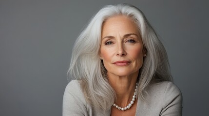 A sophisticated older woman wearing grey and pearls presents a confident demeanor, with a serene expression that combines elegance and maturity in her portrayal.
