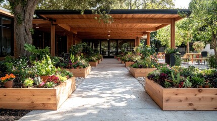 Modern building entrance with garden path
