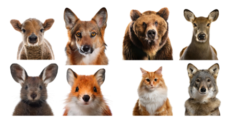 Portraits of Various Wildlife Animals Against White Background, isolated on transparent background
