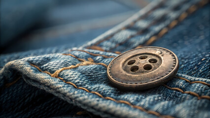 Old metal button closeup on blue jeans, evoking nostalgia and highlighting texture and detail of aged fabric