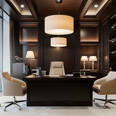Luxurious dark office interior with modern lighting