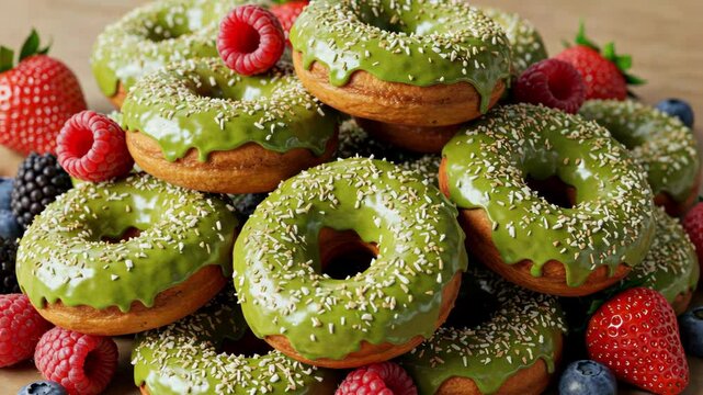 A colorful stack of matcha glazed donuts with fresh berries