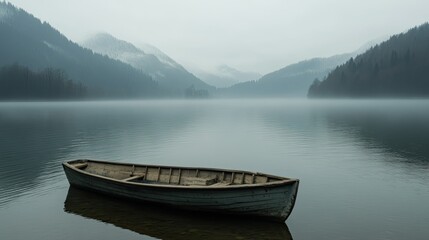 Obraz premium Misty Lake, Wooden Boat, Mountains