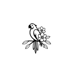 Stylized outline illustration of a parrot perched on a branch adorned with flowers.