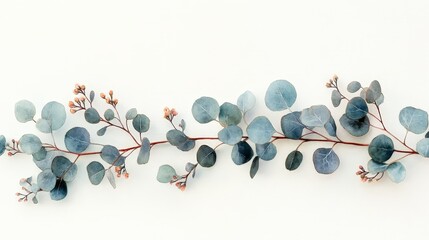 A delicate eucalyptus branch with round leaves and small buds against a light background.