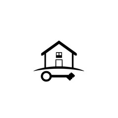 Property Icon: Simplified representation of a house with key, house icon, and minimalist style.