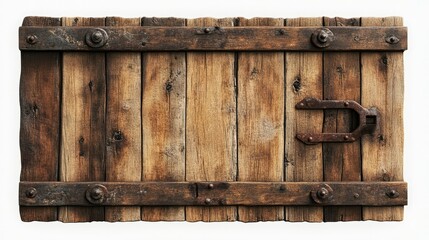 A weathered wooden door with a rusty metal lock, isolated on a white background. Vintage textures and aged details stand out