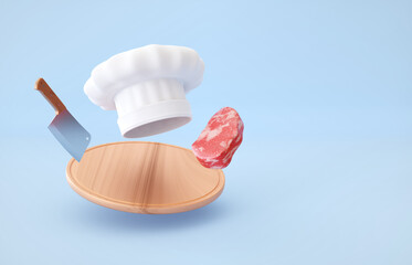 Chef's hat with round cutting board, knife and meat on blue background. 3d-rendering